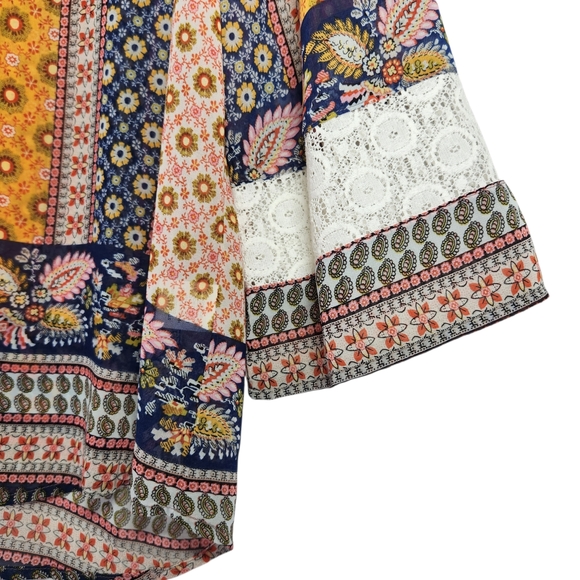 Figueroa & Flower Boho Patchwork Lace Trim Blouse Small V-Neck Flowy Festival - Picture 7 of 16